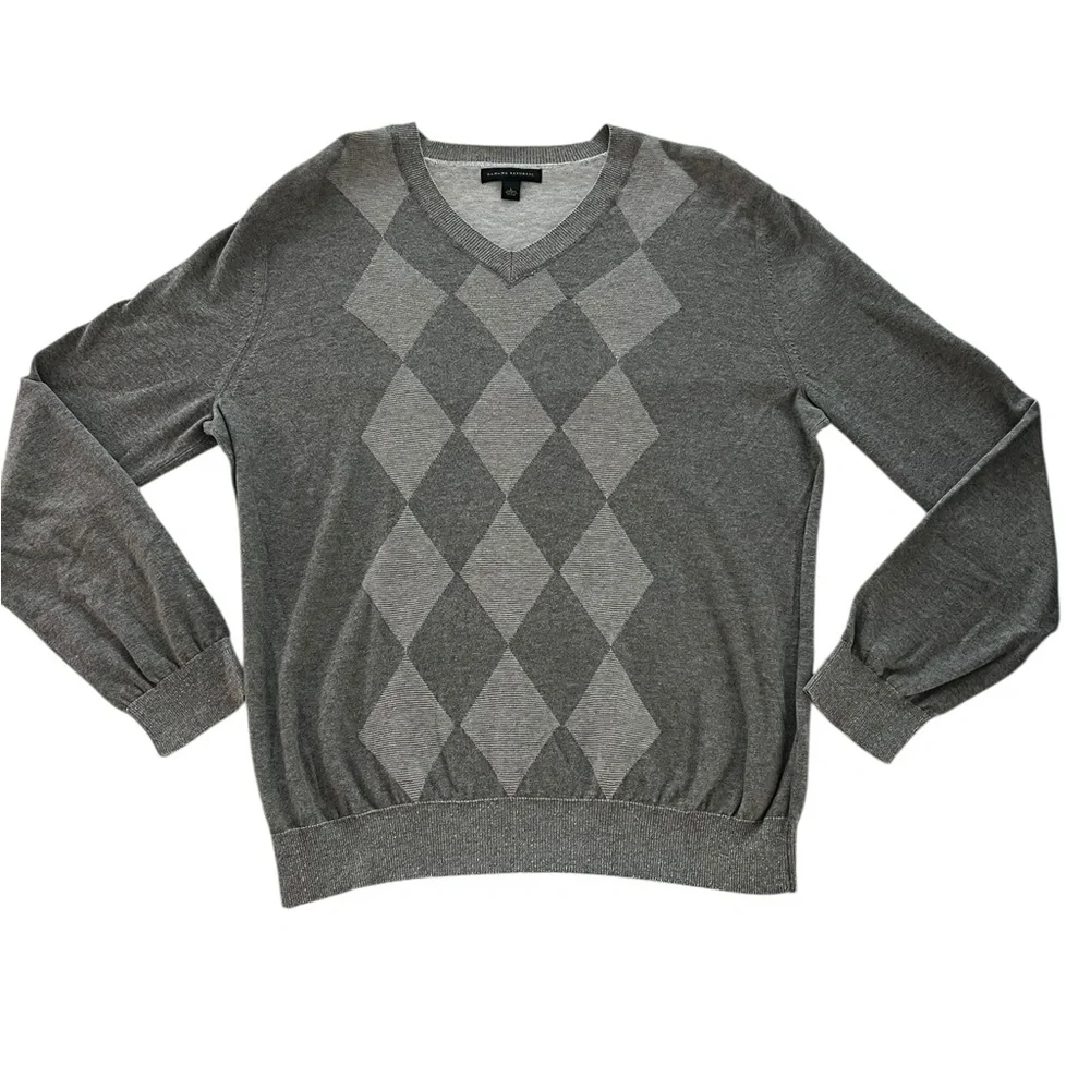 Banana Republic Men's Gray Cotton V-Neck Argyle Knit Sweater‎ Size Large